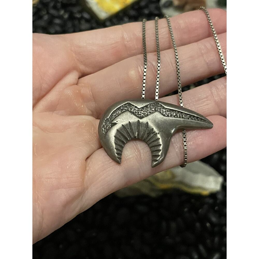 Native Sterling Silver Storyteller Bear Lightning Spirit Pin Pendant Signed AM - Picture 9 of 12